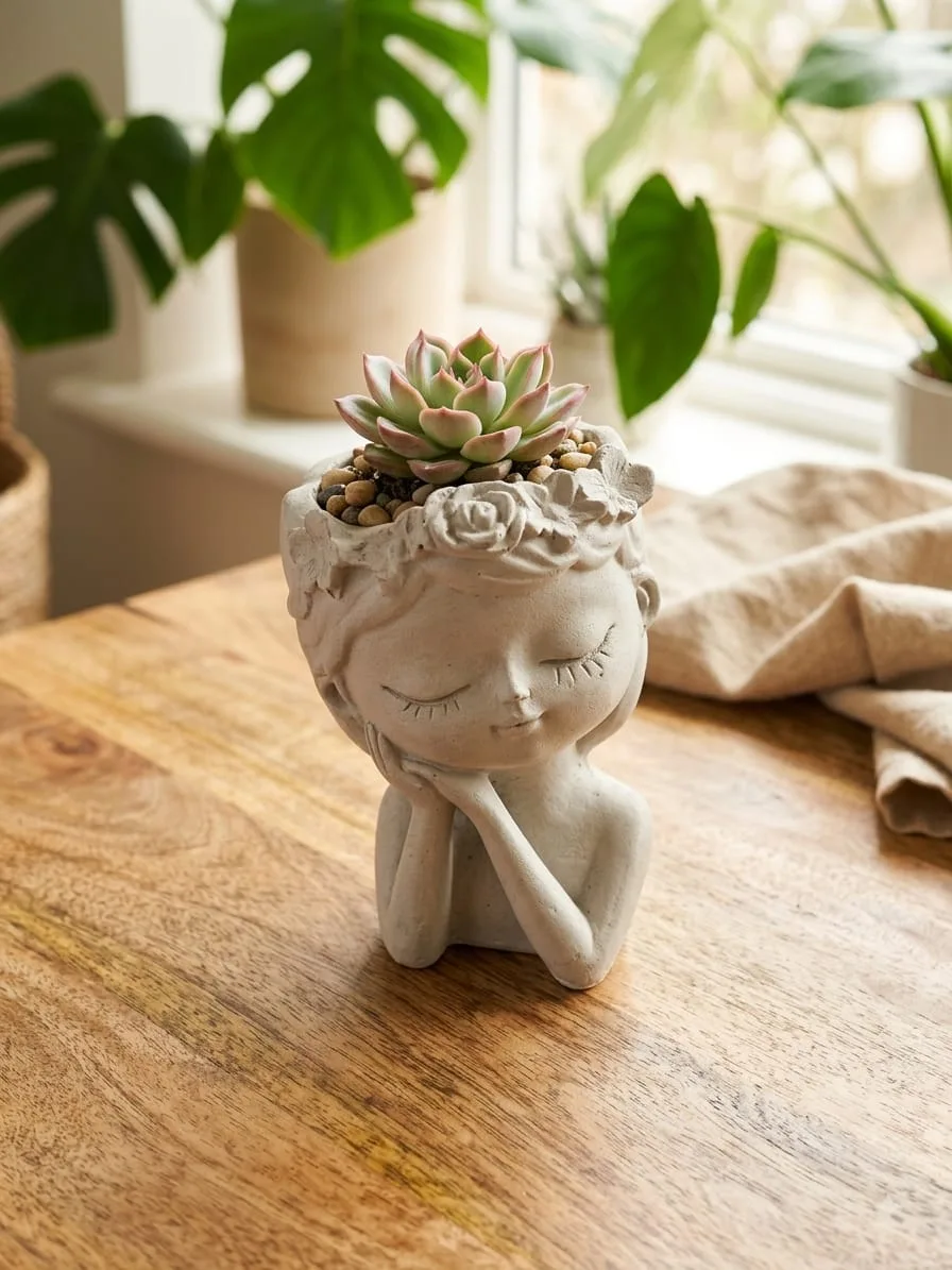 Maceta artesanal de cemento con rostro y corona de flores junto a otras piezas de concreto